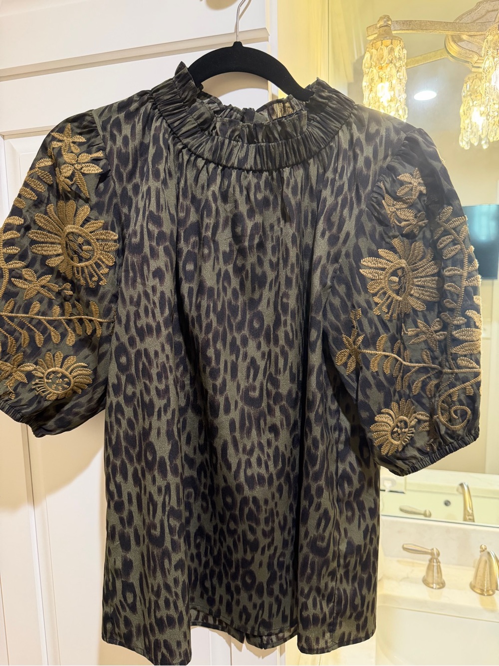 THML Olive Green Leopard Print Puff Sleeve Blouse with Gold Embroidery